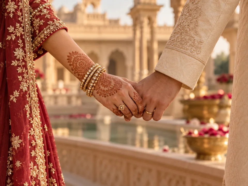 Joined hands with delicate mehndi, gold bangles and ivory and burgundy sleeves