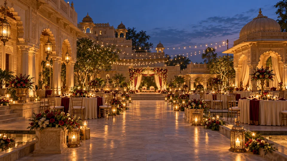 A lantern-lit palace courtyard with ivory tables beneath evening fairy lights
